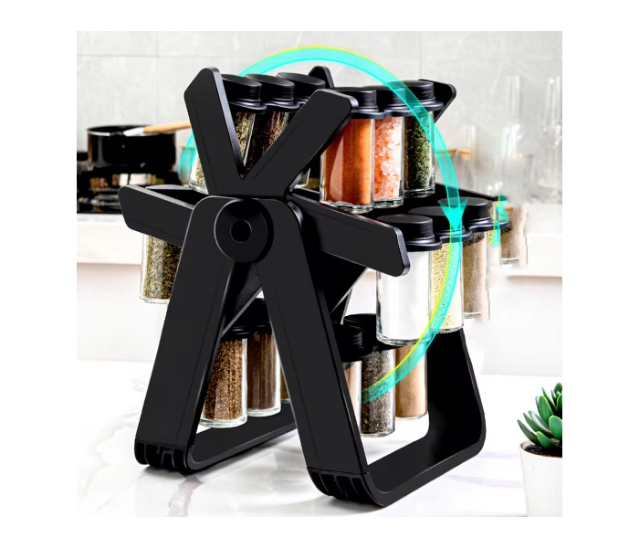 DENX DX2504 Ferris Wheel Rotating Spice Rack Organizer - 18 Refillable Glass Jars (100ml each), 360° Smooth Rotation, Space-Saving Kitchen Seasoning Set - Black/Clear in UAE