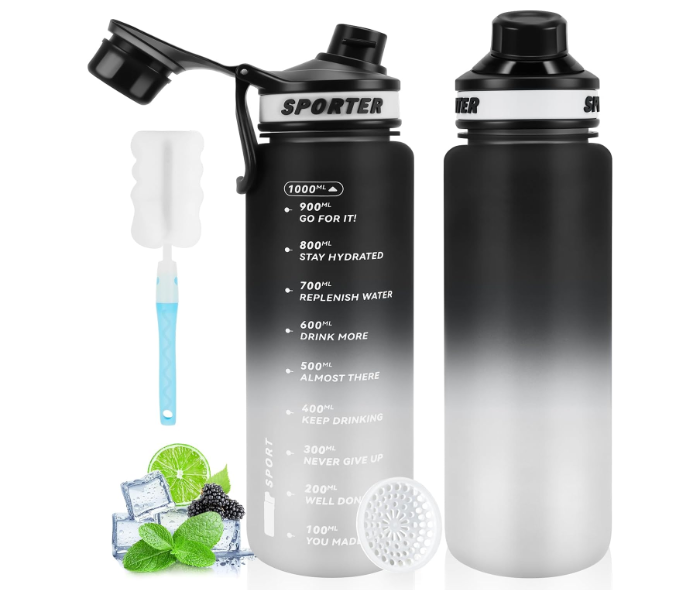 Gradient Plastic Sports Water Bottle 1200ml | Large Capacity BPA-Free Gym, Travel & Outdoor Water Cup with Measurement Scale - Black in UAE