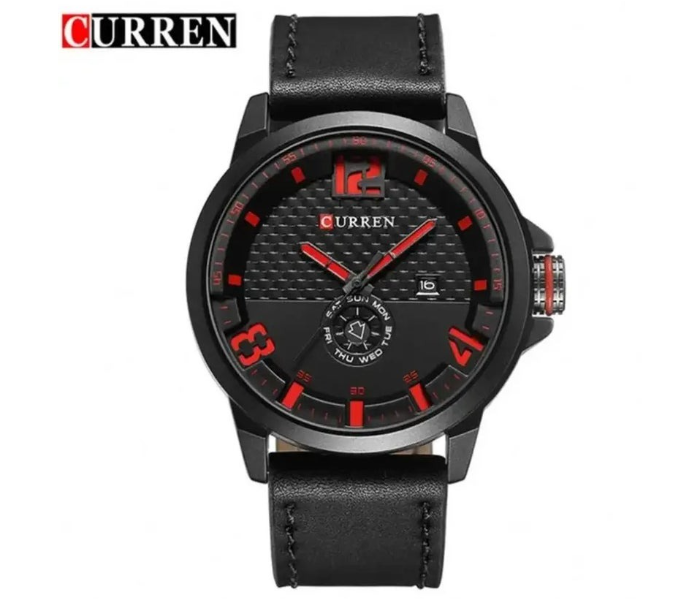 Curren 8253 Men's Sporty Analog Quartz Watch - Leather Strap - 47mm - Black & Red in UAE