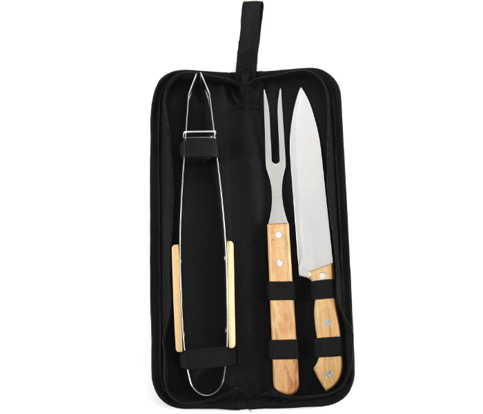 3-Piece Wooden Handle BBQ Tool Set – Stainless Steel Utensils with Classic Wood Grips & Black Carry Case, Grilling Accessories in UAE