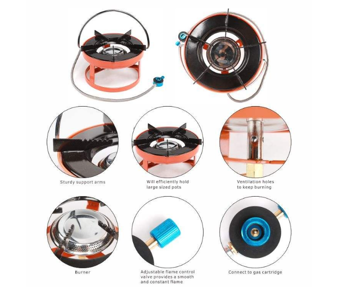 DENX DX2818 Portable Single Burner Gas Stove - Heavy Duty Iron and Steel Body, High-Heat Output, LPG Compatible, Compact Outdoor Camping and Indoor Kitchen Cooker - Orange/Black in UAE