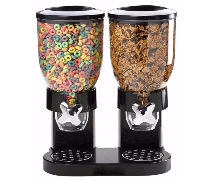 Dual Cereal & Dry Food Dispenser 2 x 1.4L, Countertop Storage Organizer with Portion Control, Freshness Seal, Black/Clear in UAE