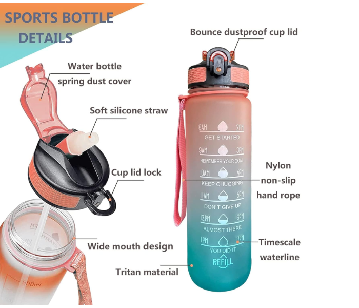 The Better Home 1 Litre Motivational Water Bottle for Adults | Leakproof Sipper Bottle with Time Markings & Measurements | Unbreakable Sports Gym Water Bottle - Orange/Blue Gradient in UAE