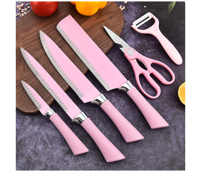 8-Piece Kitchen Knife Set – Stainless Steel Blades with Pink Handles, Chef Knife, Scissor & Peeler, Multipurpose Cutlery in UAE