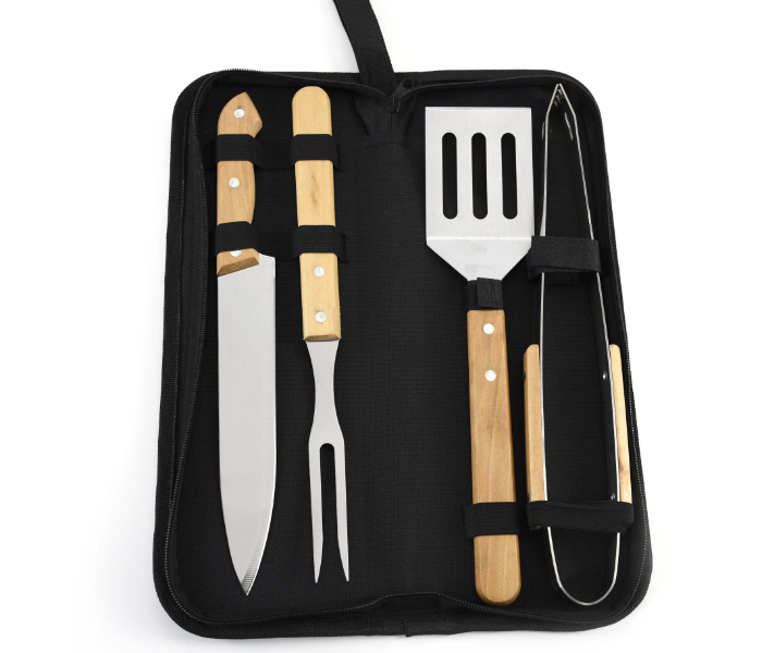 4-Piece Wooden Handle BBQ Tool Set – Stainless Steel Utensils with Classic Wood Grips & Black Carry Case, Essential Grilling Kit in UAE