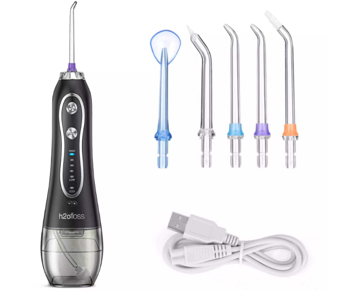  Portable Oral Irrigator - Cordless Water Flosser for Teeth with 5 Cleaning Modes & 6 Replaceable Jet Tips, IPX7 Waterproof, 300ml Tank, Black - Ramadan Wellness Essential in UAE