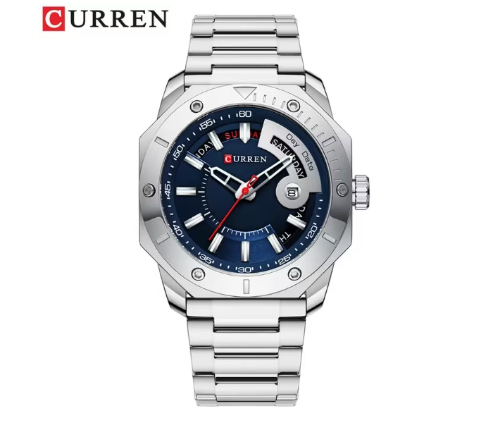 CURREN 8344 Luxury Business Watch for Men - Stainless Steel Quartz Wristwatch with Day, Date Display & Waterproof Silver/Blue Analog Dial in UAE