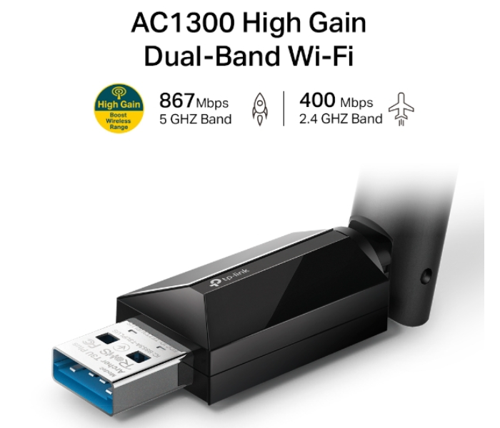 TP-Link Archer T3U Plus 1-Port Durable Polycarbonate Sleek Black 1300Mbps High-Gain Dual Band Wi-Fi USB 3.0 Adapter Desktop and Laptop Wireless Range Extender in UAE