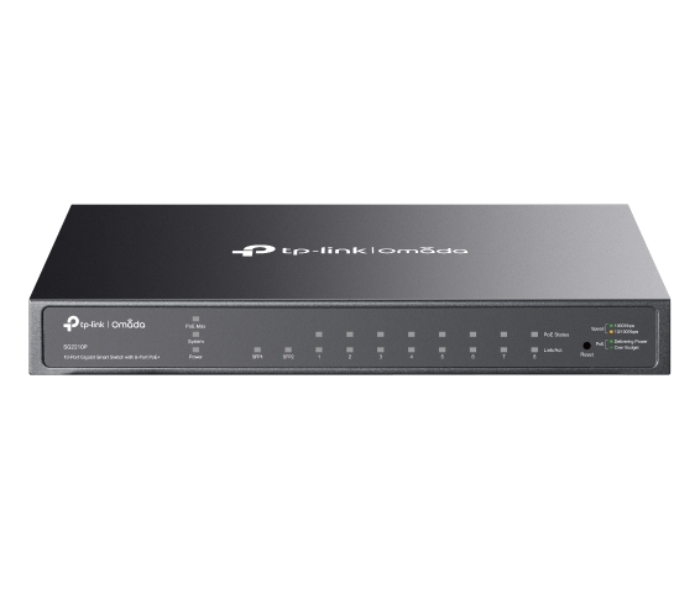 TP-Link SG2210P 10-Port Durable Metal Casing Professional Black 61W PoE+ Power Budget Smart Cloud Management 8-Port Gigabit PoE+ Switch Office Surveillance and Omada SDN Networking in UAE