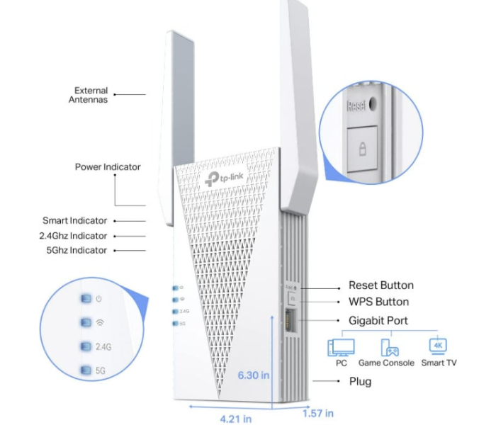 TP-Link Blazing-Fast AX3000 RE715X Durable Polycarbonate White Wi-Fi 6 Performance Seamless Mesh Network Whole Home Coverage Indoor Signal Booster in UAE