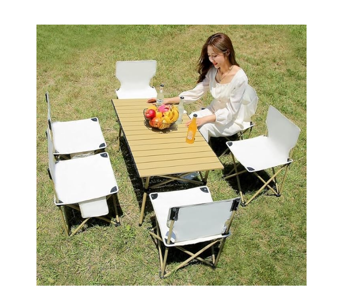 Portable Folding Camping Table with Wood Grain Top - Lightweight Aluminum Outdoor Picnic Table with Storage Mesh Net & Carry Bag - Brown (UAE Edition) in UAE