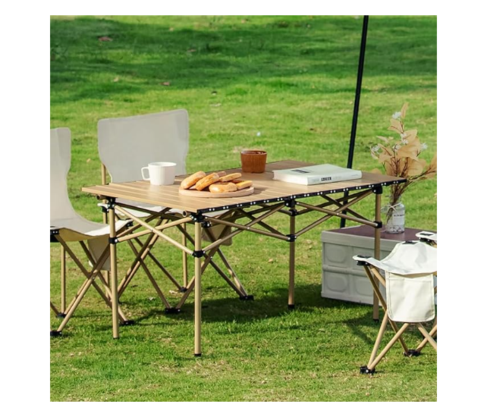 Portable Folding Camping Table with Wood Grain Top - Lightweight Aluminum Outdoor Picnic Table with Storage Mesh Net & Carry Bag - Brown (UAE Edition) in UAE