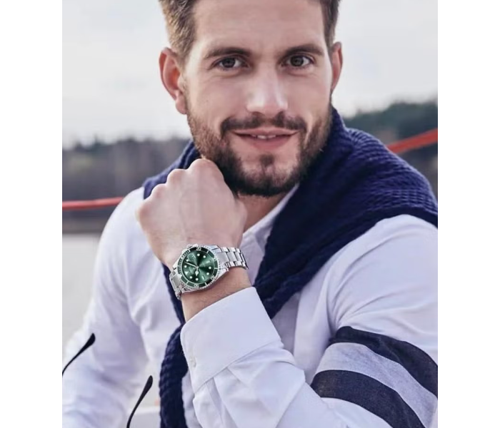 IIK Rotatable Bezel Sapphire Glass Stainless Steel Band Sport Quartz Wrist Watch for Men – Green and Silver in UAE