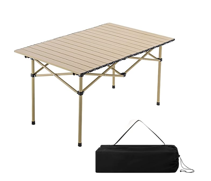 Portable Folding Camping Table with Wood Grain Top - Lightweight Aluminum Outdoor Picnic Table with Storage Mesh Net & Carry Bag - Brown (UAE Edition) in UAE