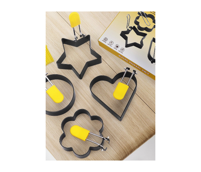 Egg Rings For Breakfast,Mini Pancakes,Fried Eggs,4 Pack Egg Pancake Maker Molds With 1 Brush,Stainless Steel Non Stick Metal 4 Shapes Mold With Yellow Silicone Handle in UAE