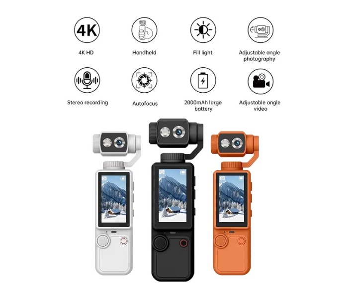 Air Tab Pocket 4K Ultra HD Action Camera | 180° Manual Flip Lens | Built-in Fill Light | with Tripod (Orange) in UAE