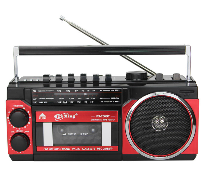 PuXing PX-250BT Retro Cassette Player & 3-Band AM/FM/SW Radio with Bluetooth, USB/SD MP3 Playback and Recording Function - Red/Black in UAE
