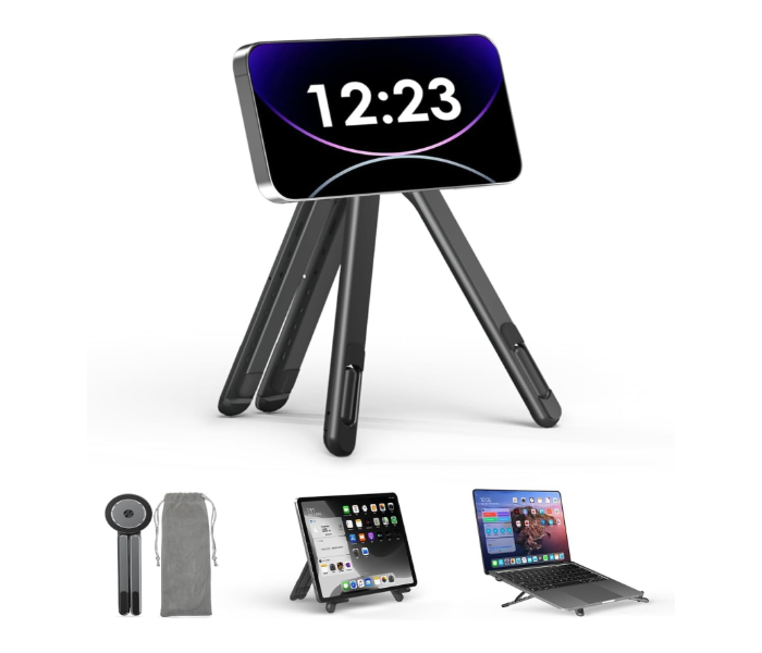 Magnetic Phone Tripod Stand, 3-in-1 Adjustable Holder for iPhone iPad Laptop, 8-Level Height & Angle, Portable Aluminum Alloy Desktop Stand, Compatible with 4-13” iPhone, 10-16” Laptops & Tablets in UAE