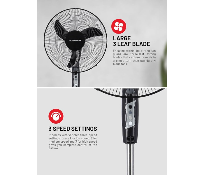 Olsenmark OMF1738 16-inch 3 Speed Stand Fan with Timer - Black in UAE