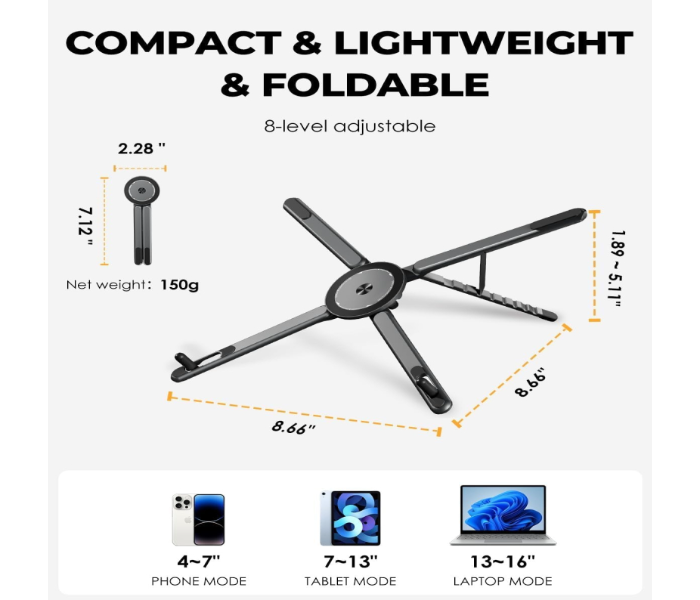 Magnetic Phone Tripod Stand, 3-in-1 Adjustable Holder for iPhone iPad Laptop, 8-Level Height & Angle, Portable Aluminum Alloy Desktop Stand, Compatible with 4-13” iPhone, 10-16” Laptops & Tablets in UAE