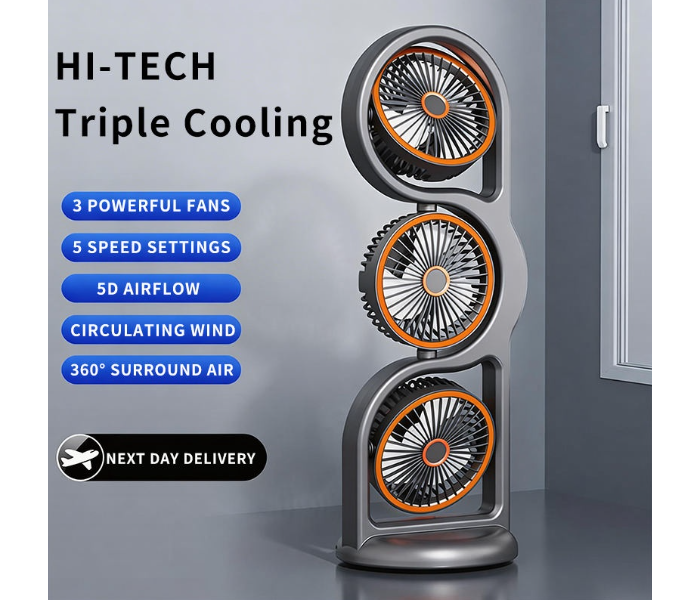 Three-head Foldable Plastic Desktop Fan USB Rechargeable Portable Outdoor Multi-speed Adjustable Light for Household RV in UAE