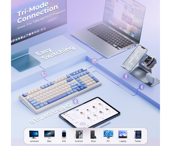 AULA S99 Tri-Mode (2.4G/BT/Wired) Programmable Full Size Membrane Gaming Keyboard | Blue+White (S99UW) in UAE