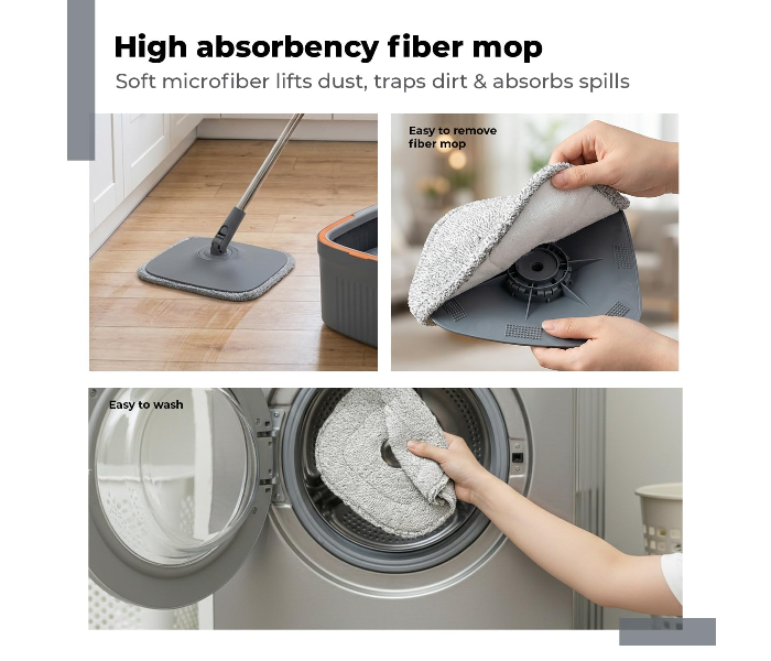 360° Spin Mop with Square Bucket Deluxe System Set and Reusable Microfiber Pads for Wet & Dry Glass, Wall, Tile and Home Floor Cleaning - in UAE