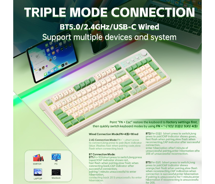 AULA S99 Gaming Keyboard, Wireless Computer Keyboards, Tri-Mode Bluetooth/2.4GHz/USB-C Custom Creamy Keyboard with Number Pad, RGB Backlit Media Knob Cute Programmable Keyboard for PC Gamer - Green in UAE