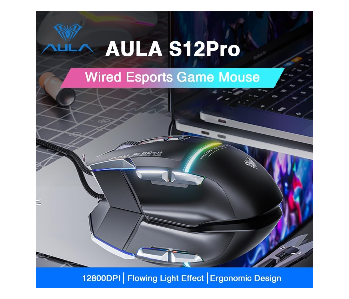 AULA S12Pro Wired Gaming Mouse,12800 DPI Optical Gamer Mouse | Black (S12ProB) in UAE