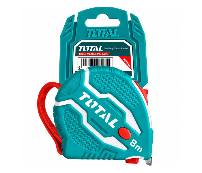 TOTAL 8m x 25mm Steel Heavy Duty Measuring Tape with Double Sided Metric & Inch Scale, 3 Lock Buttons, Matte Anti-Glare Blade, Shockproof Rubber Case with Belt Clip Tape Measure for Construction Use in UAE