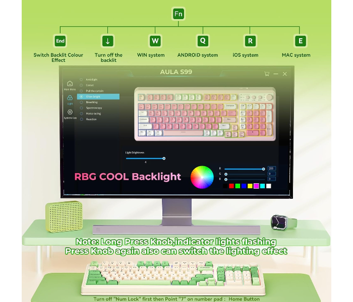 AULA S99 Gaming Keyboard, Wireless Computer Keyboards, Tri-Mode Bluetooth/2.4GHz/USB-C Custom Creamy Keyboard with Number Pad, RGB Backlit Media Knob Cute Programmable Keyboard for PC Gamer - Green in UAE