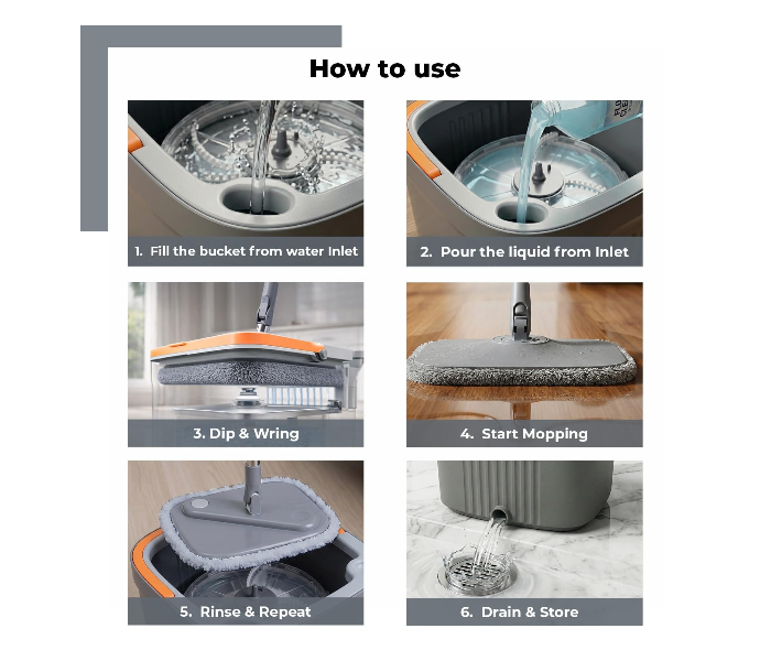 360° Spin Mop with Square Bucket Deluxe System Set and Reusable Microfiber Pads for Wet & Dry Glass, Wall, Tile and Home Floor Cleaning - in UAE