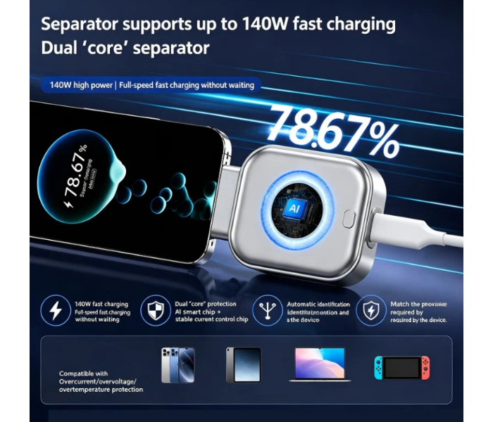 140W Smart Full Charge Auto Cut Off Type-C Adapter Universal AI Charging Separator for Phones Tablets Laptops in UAE
