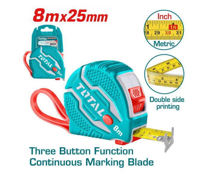 TOTAL 8m x 25mm Steel Heavy Duty Measuring Tape with Double Sided Metric & Inch Scale, 3 Lock Buttons, Matte Anti-Glare Blade, Shockproof Rubber Case with Belt Clip Tape Measure for Construction Use in UAE