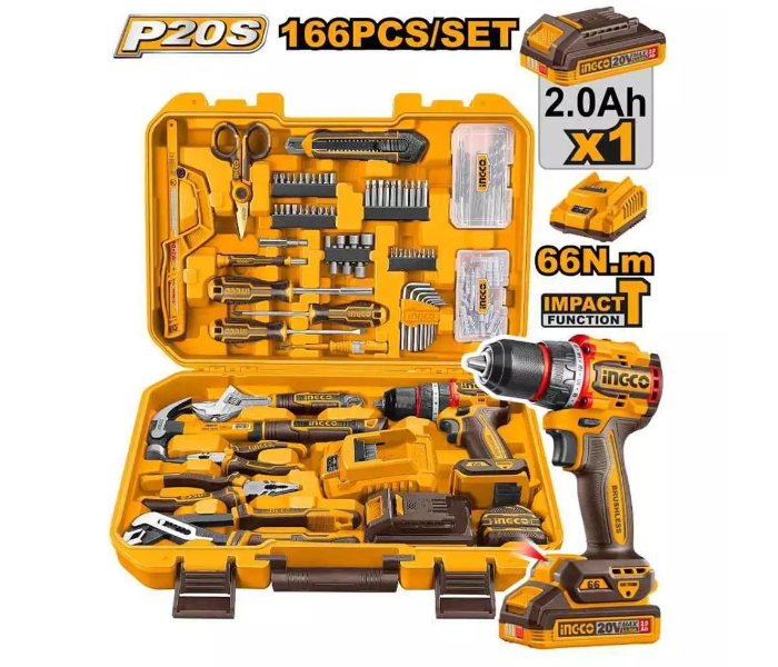 Ingco HKTHP41662 166 Pcs Tools Set 2.0 Ah Battery Capacity 22500 bpm Impact Rate 66 Nm Maximum Torque in UAE