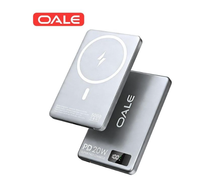 Oale Slim Magnetic Wireless Power Bank, 5000mAh 20W PD Fast Charging for iPhone Android-SILVER in UAE