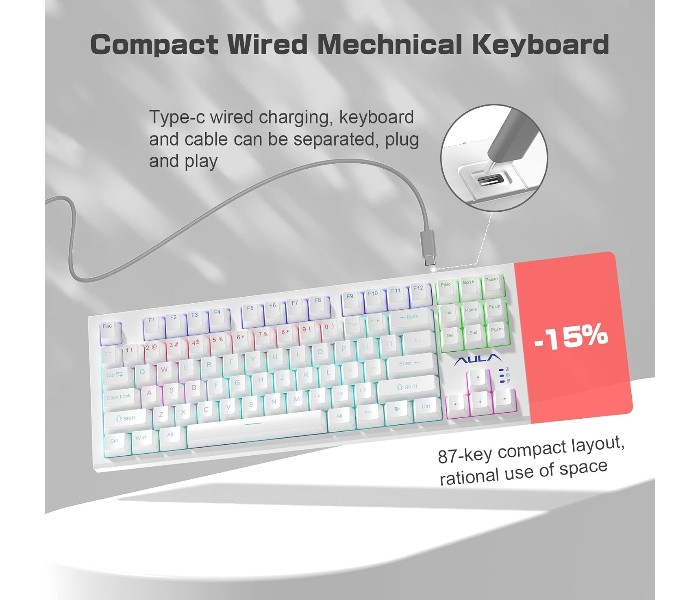 AULA Mechanical F3032 Keyboard, 87 Keys RGB Backlight Gaming Keyboard, Compact Wired Computer Keyboards for Windows PC (White, Red Switch) in UAE