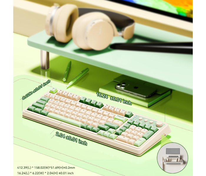 AULA S99 Gaming Keyboard, Wireless Computer Keyboards, Tri-Mode Bluetooth/2.4GHz/USB-C Custom Creamy Keyboard with Number Pad, RGB Backlit Media Knob Cute Programmable Keyboard for PC Gamer - Green in UAE