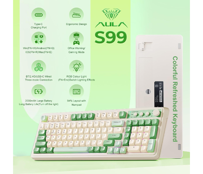 AULA S99 Gaming Keyboard, Wireless Computer Keyboards, Tri-Mode Bluetooth/2.4GHz/USB-C Custom Creamy Keyboard with Number Pad, RGB Backlit Media Knob Cute Programmable Keyboard for PC Gamer - Green in UAE