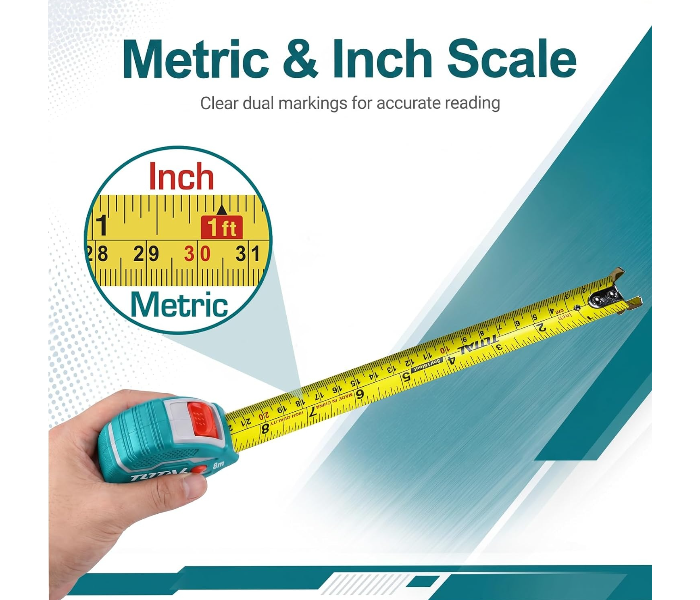 TOTAL 8m x 25mm Steel Heavy Duty Measuring Tape with Double Sided Metric & Inch Scale, 3 Lock Buttons, Matte Anti-Glare Blade, Shockproof Rubber Case with Belt Clip Tape Measure for Construction Use in UAE
