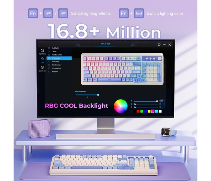 AULA S99 Tri-Mode (2.4G/BT/Wired) Programmable Full Size Membrane Gaming Keyboard | Blue+White (S99UW) in UAE
