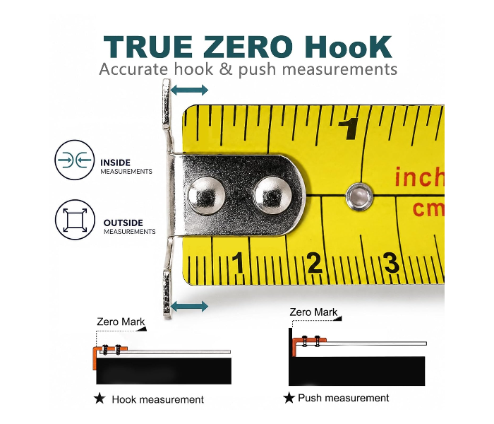 TOTAL 8m x 25mm Steel Heavy Duty Measuring Tape with Double Sided Metric & Inch Scale, 3 Lock Buttons, Matte Anti-Glare Blade, Shockproof Rubber Case with Belt Clip Tape Measure for Construction Use in UAE