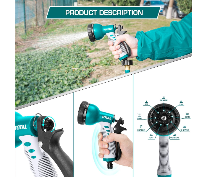 TOTAL 9-Pattern Garden Hose Spray Nozzle – Adjustable Water Spray Gun for Lawn, Garden, Car Washing & Plant Watering | THWS010901 in UAE