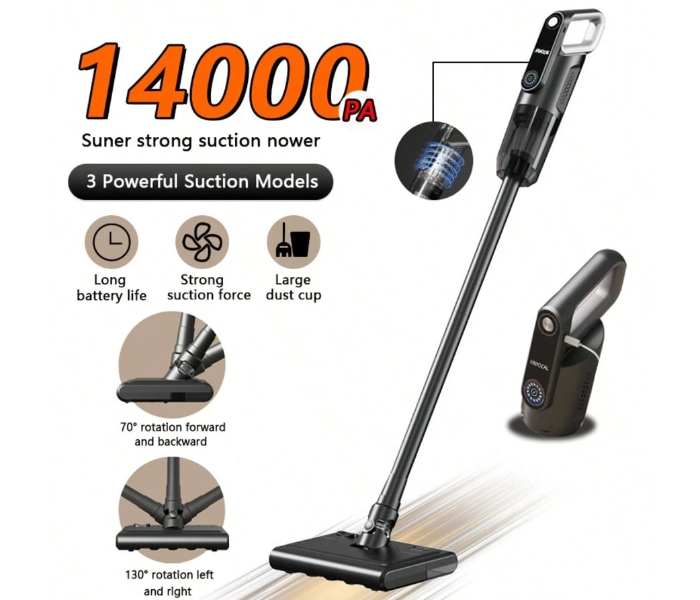 Wireless Wet Dry Vacuum Cleaner Mop Combo - 14000Pa Power Suction Self-Cleaning, Low Noise, Rechargeable Vacuum Cleaner With 3 Modes & Adjustable Length, Multi-Angle Brush For Apartment Hardwood Rug, Pet Hair, Car, Black in UAE