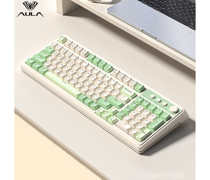 AULA S99 Gaming Keyboard, Wireless Computer Keyboards, Tri-Mode Bluetooth/2.4GHz/USB-C Custom Creamy Keyboard with Number Pad, RGB Backlit Media Knob Cute Programmable Keyboard for PC Gamer - Green in UAE