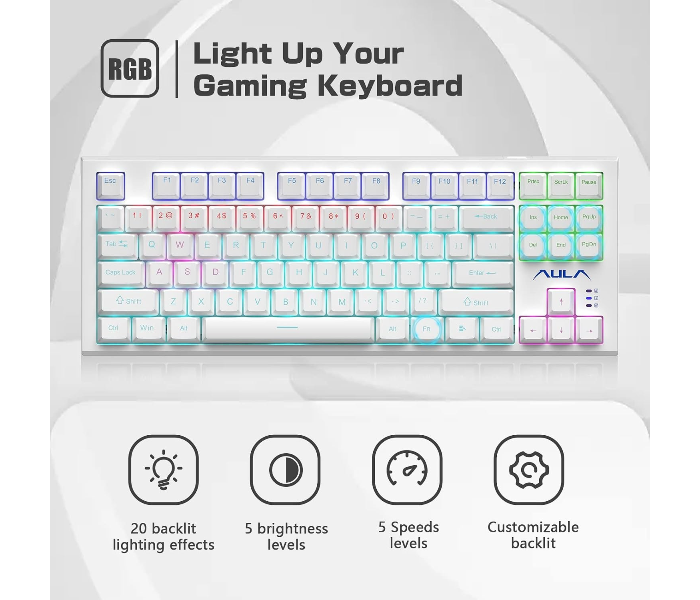 AULA Mechanical F3032 Keyboard, 87 Keys RGB Backlight Gaming Keyboard, Compact Wired Computer Keyboards for Windows PC (White, Red Switch) in UAE