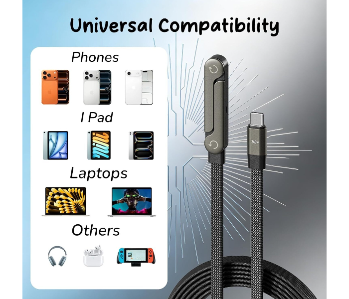2-in-1 Cable 1.5 m Original Invisible Stand Charger Cable, USB C to USB C 240W PD Fast Charging Wire for Gaming Setup, Office Desk & Home Charging (Compatible with Mobile,Laptop,Tablet,Speaker, Black, One Cable, USB Type C To USB Type C) in UAE