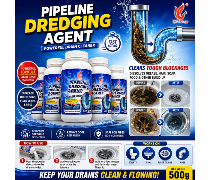 Pipeline Dredging Agent 500g Drain Cleaner Powder – Powerful Pipe & Toilet Clog Remover for Kitchen Sinks, Bathroom Drains & Sewer Pipes – Fast-Acting Drain Cleaning Formula in UAE