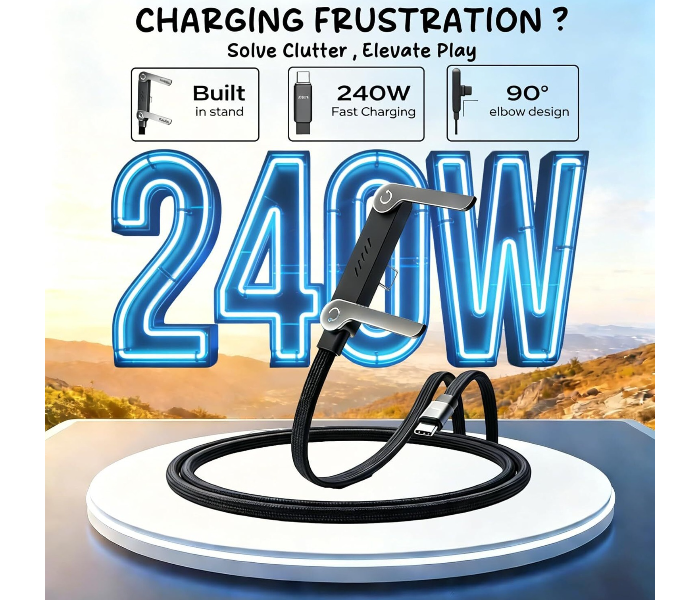 2-in-1 Cable 1.5 m Original Invisible Stand Charger Cable, USB C to USB C 240W PD Fast Charging Wire for Gaming Setup, Office Desk & Home Charging (Compatible with Mobile,Laptop,Tablet,Speaker, Black, One Cable, USB Type C To USB Type C) in UAE