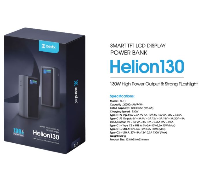 ZEDX Helion130 130W High Power Output Power Bank 20000mAh in UAE